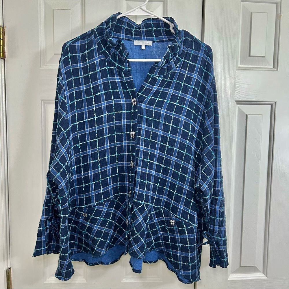 Habitat Ruched Sleeve Button Down Navy Windowpane Lagenlook Jacket Tunic Sz XXL